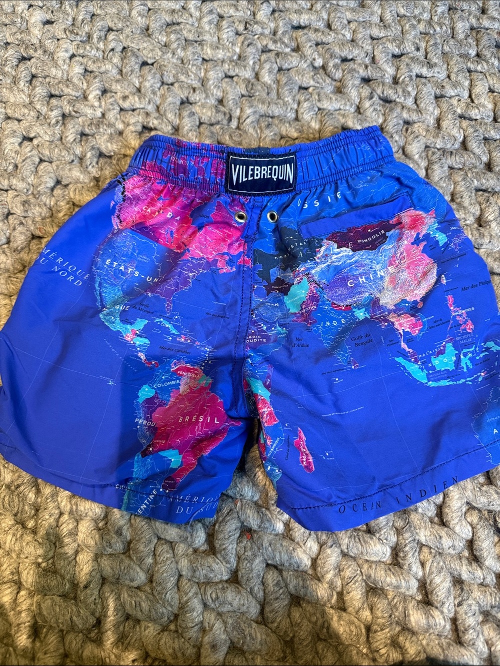 Vilebrequin Blue Swim Shorts with Pink & Teal World Map